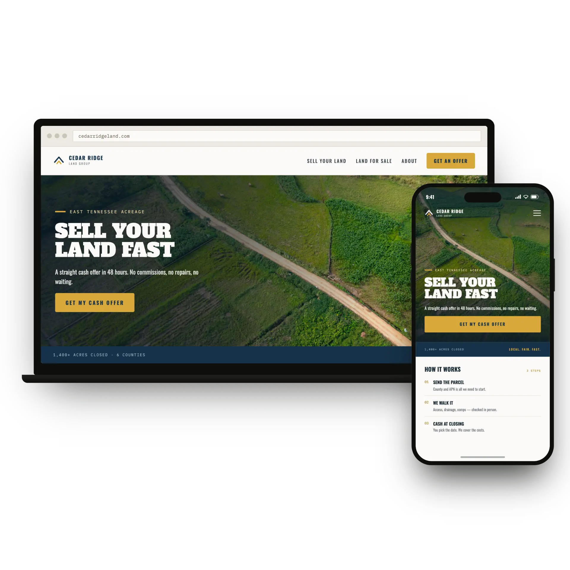 Cedar Ridge Land Group style marketing website mockup on transparent background
