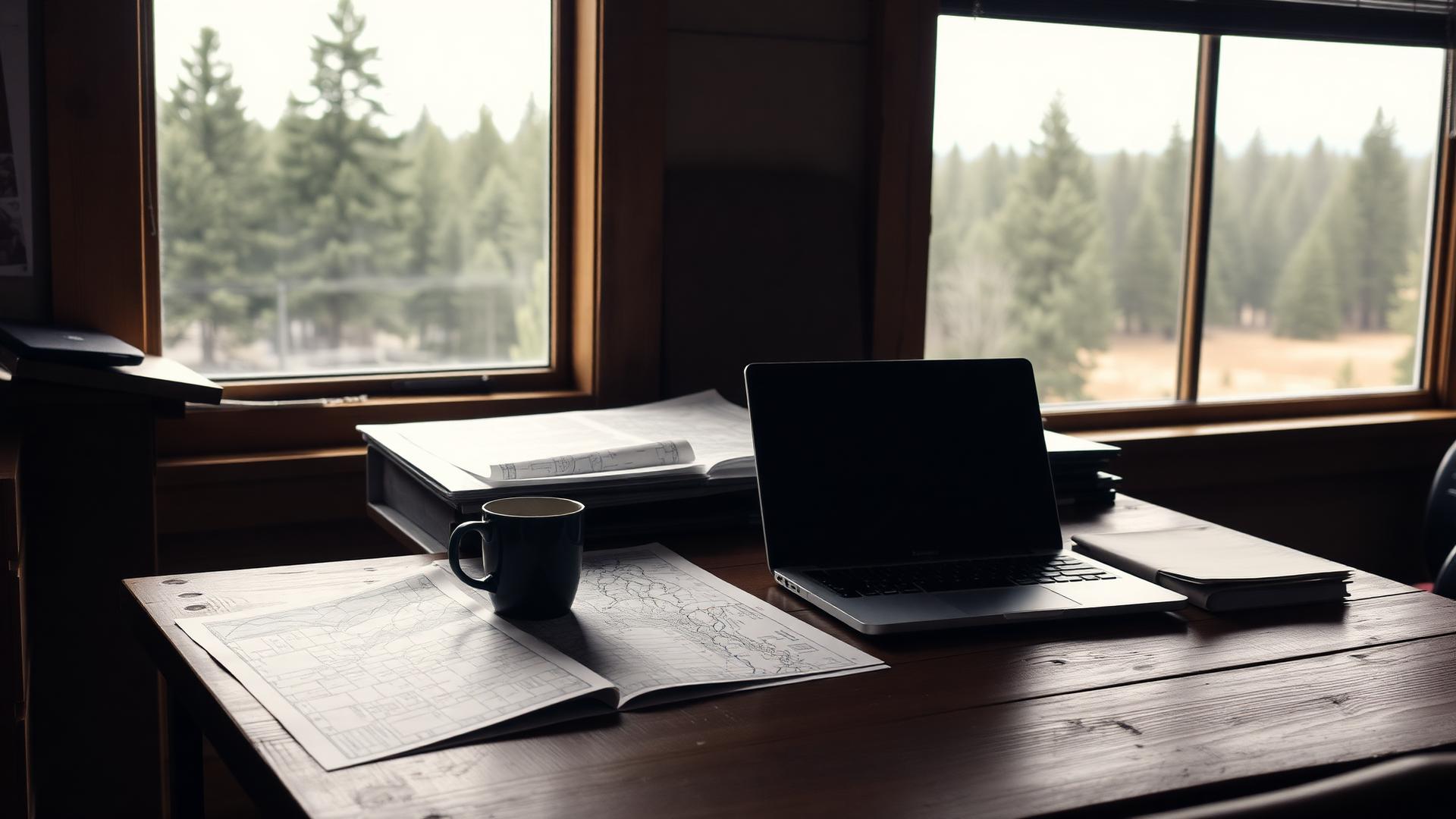 Wooden desk with parcel maps, a laptop, and a coffee cup in a pine-framed office